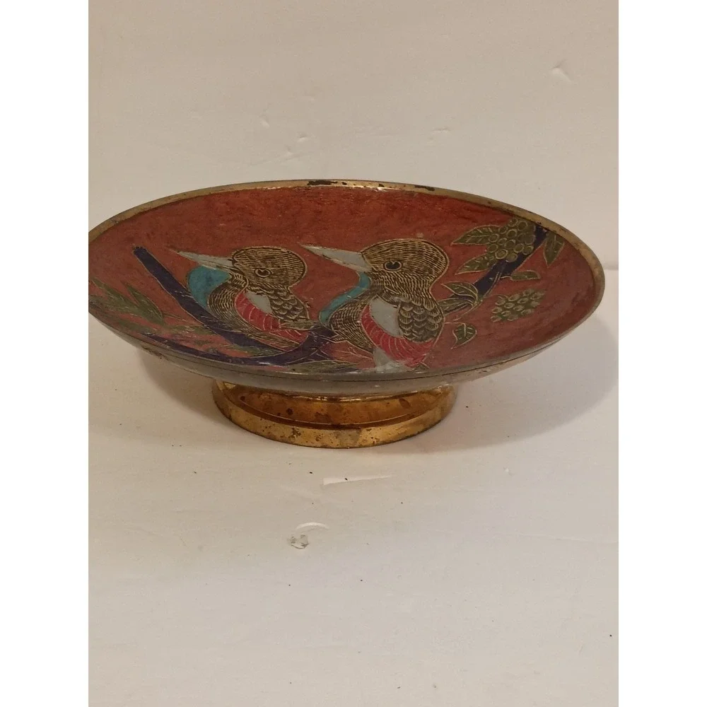 Enamel Birds Painted On‎ Brass Bowls Red Medium